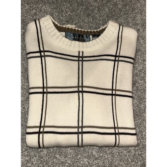 Vtg Oscar De La Renta Mens Sweater M Cream‎ Grid Pattern Crewneck Retro Designer - Picture 1 of 7